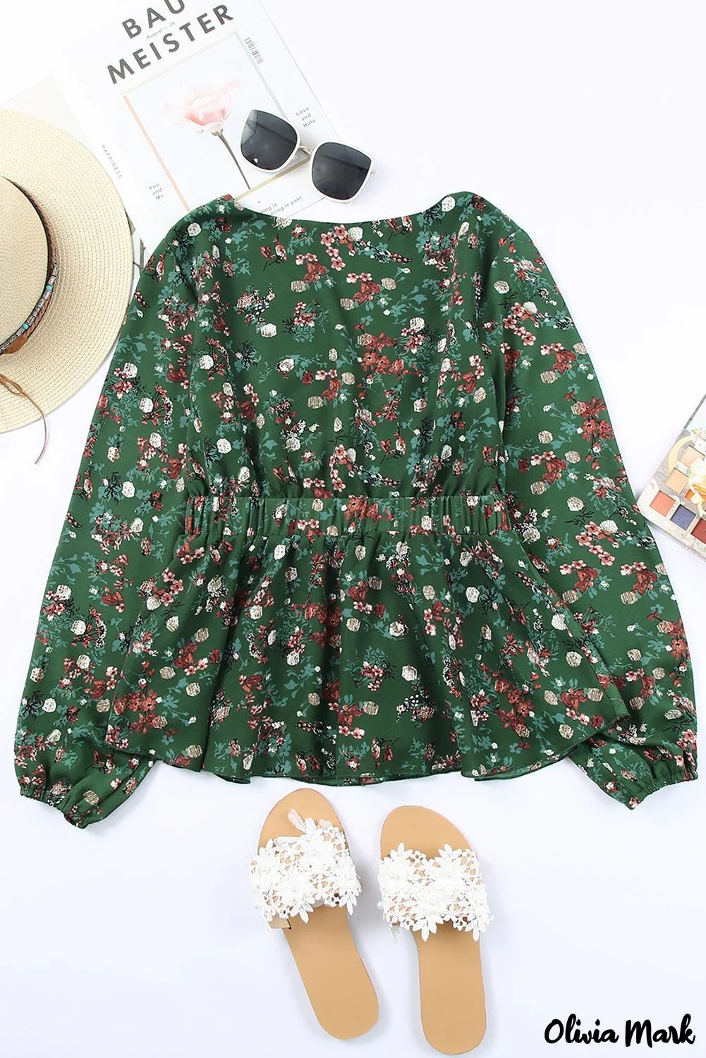 Deanwangkt - Green Floral Print Wrap V-Neck Peplum Top - Deanwangkt