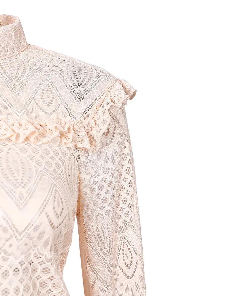 Deanwangkt - Hollow Out Ruffled Lace Long Sleeve Top - Deanwangkt