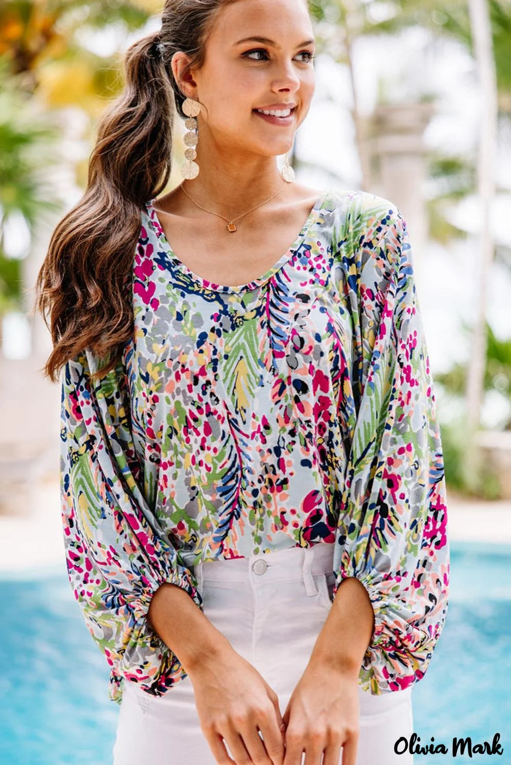 Deanwangkt - Green Floral Print Puff Sleeve Loose Blouse - Deanwangkt