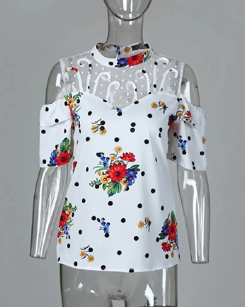 Deanwangkt - Off-the-Shoulder Mesh Panel Printed Blouse - Deanwangkt