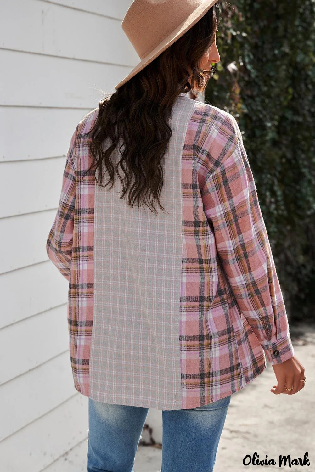 Deanwangkt - Pink Plaid Button Down Long Sleeve Shirt With Color Block Pocket - Deanwangkt