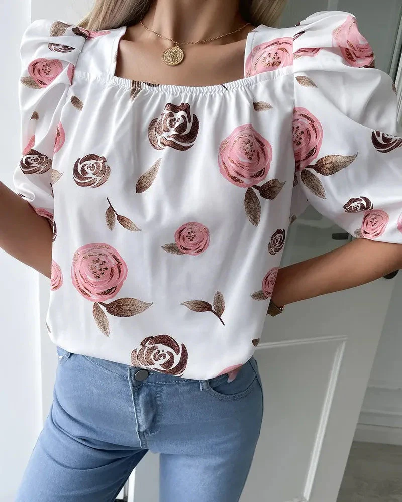 Deanwangkt - Floral Print Puff Sleeve Tie Back Blouse - Deanwangkt