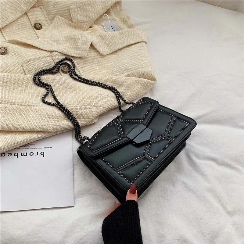 Back To College Deanwangkt Studded Rivet Chain Brand PU Leather Crossbody Bags For Women Hit Simple Fashion Shoulder Bag Lady Luxury Small Handbags - Deanwangkt