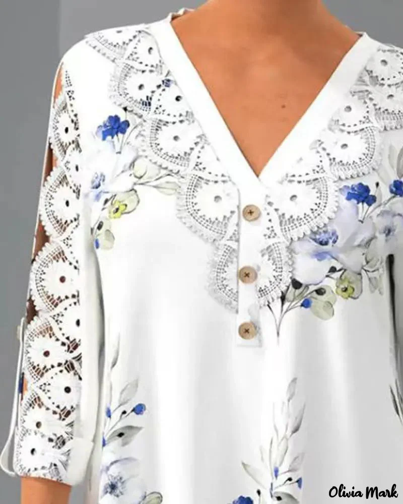 Deanwangkt - Floral Print Contrast Lace Button Front Top - Deanwangkt