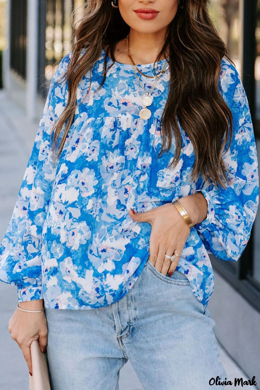 Deanwangkt - Baby Blue Floral Print Puff Sleeve Blouse - Deanwangkt