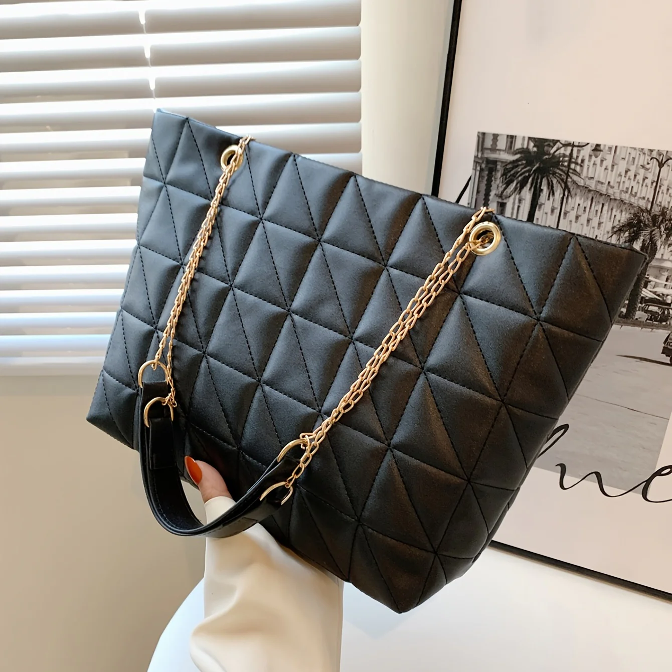 deanwangkt-1  Simple Large-capacity Tote Shoulder Bag, Solid Color Faux Leather Handbag With Rhombus Pattern & Chain - Deanwangkt