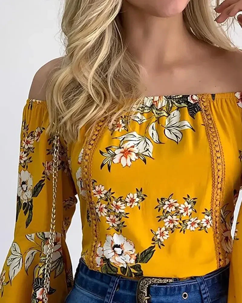 Deanwangkt - Off-the-Shoulder Floral Print Bell-Sleeve Top - Deanwangkt
