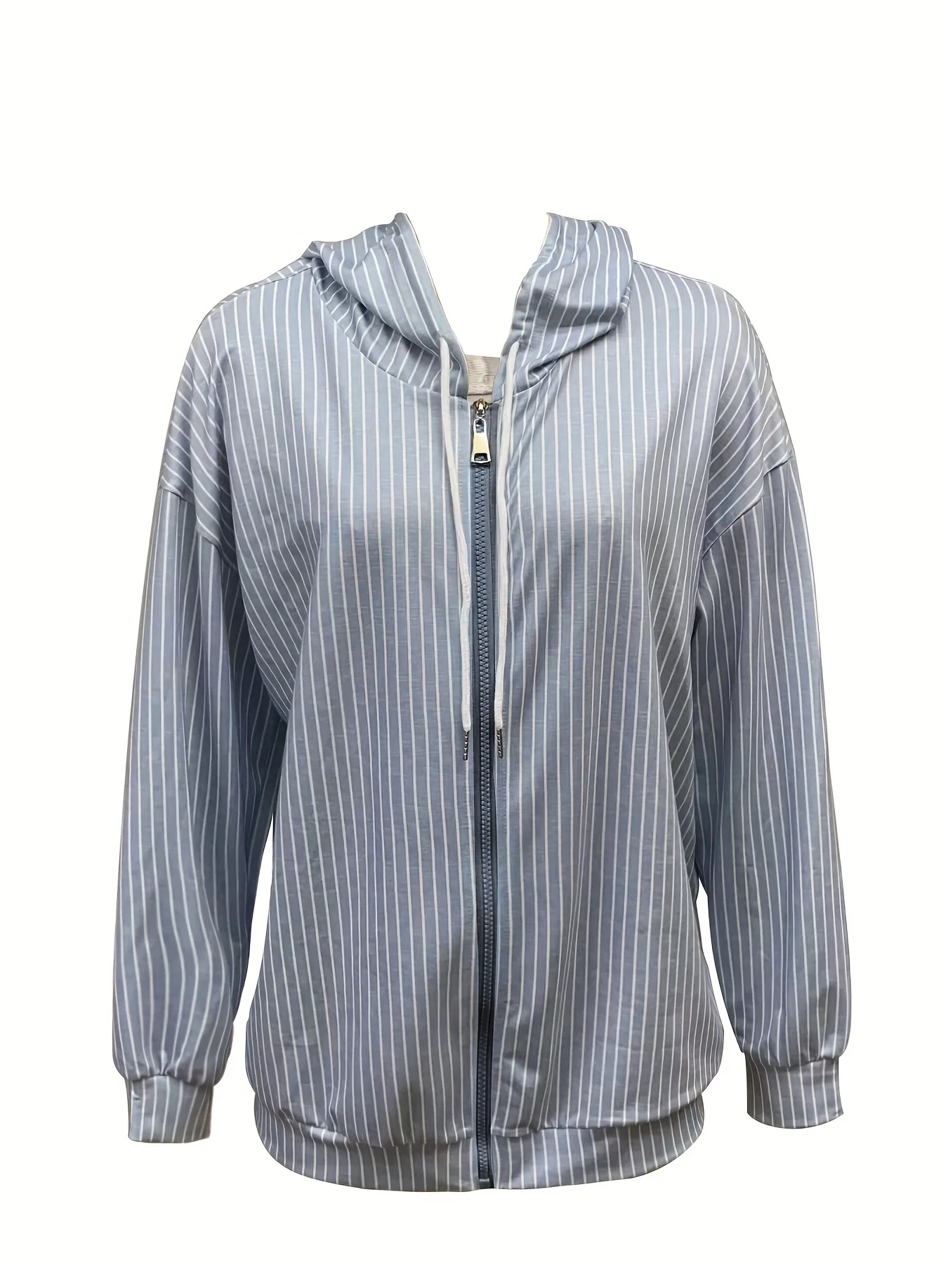 Striped Zip Up Drawstring Hoodie, Casual Long Sleeve Sweatshirt, Women's Clothing - Deanwangkt