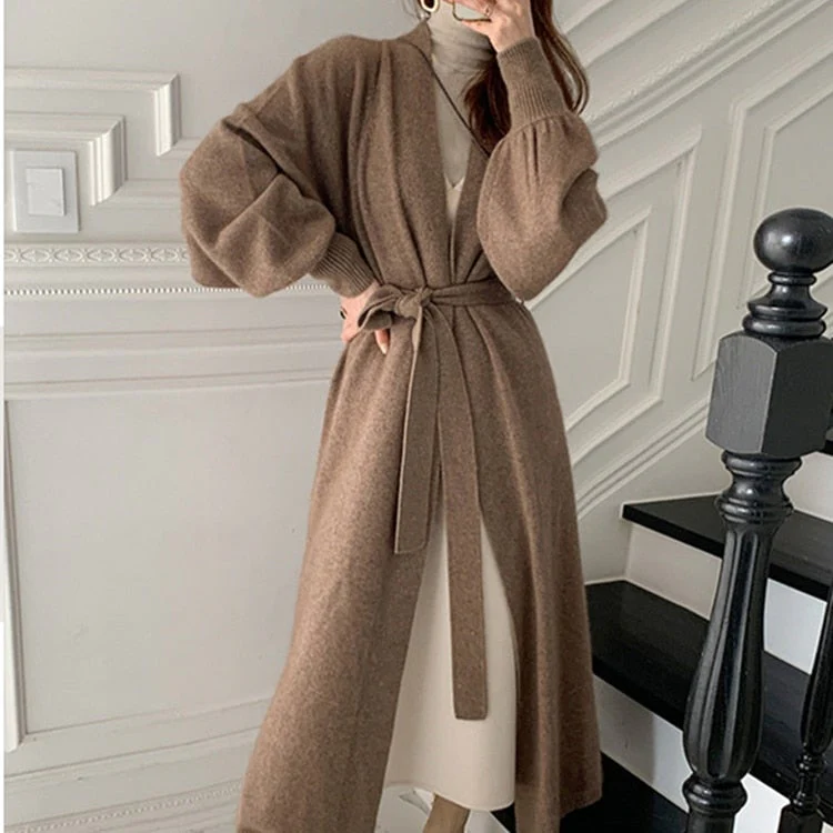 Christmas Gift  New Deanwangkt Women's Autumn Winter Sweaters Elegant Lady Cardigans Oversized Fashionable Lace Up Long Knitwears SWC3517 - Deanwangkt