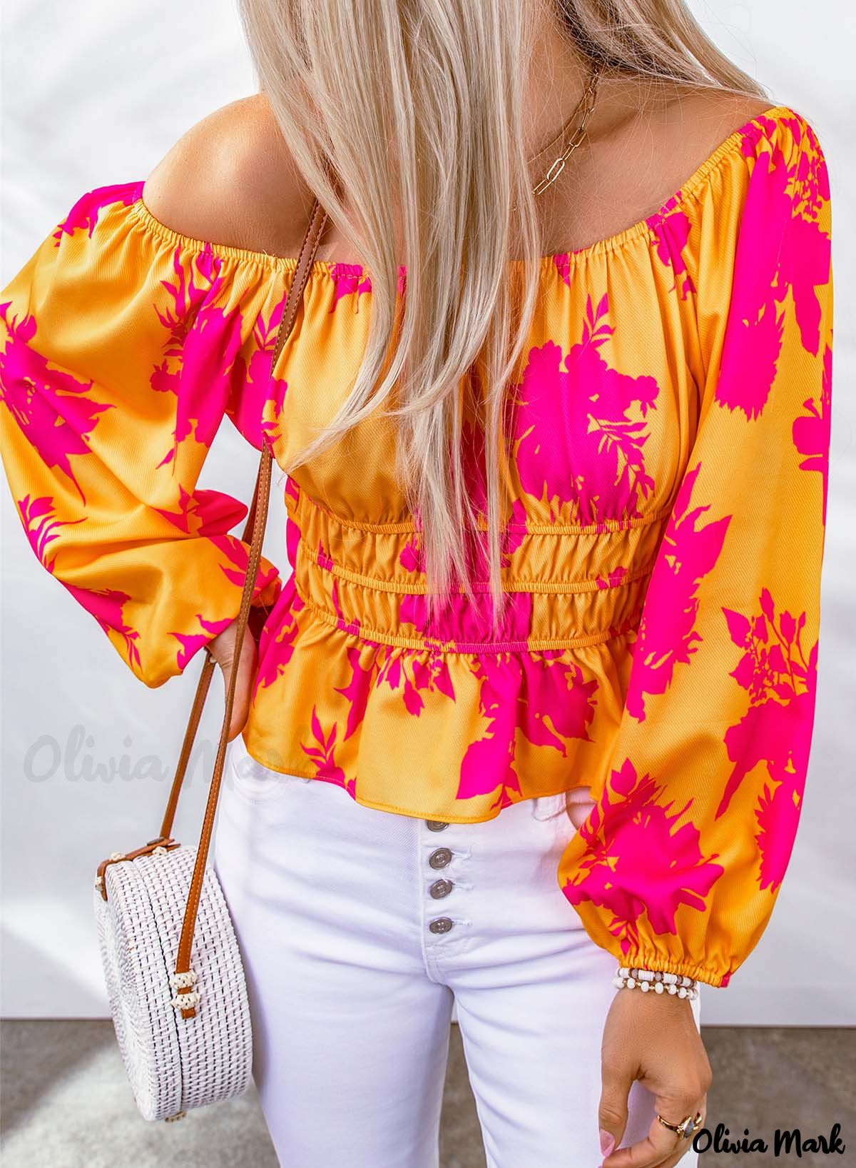 Deanwangkt - Yellow Floral Print Off Shoulder Puff Sleeve Blouse - Deanwangkt