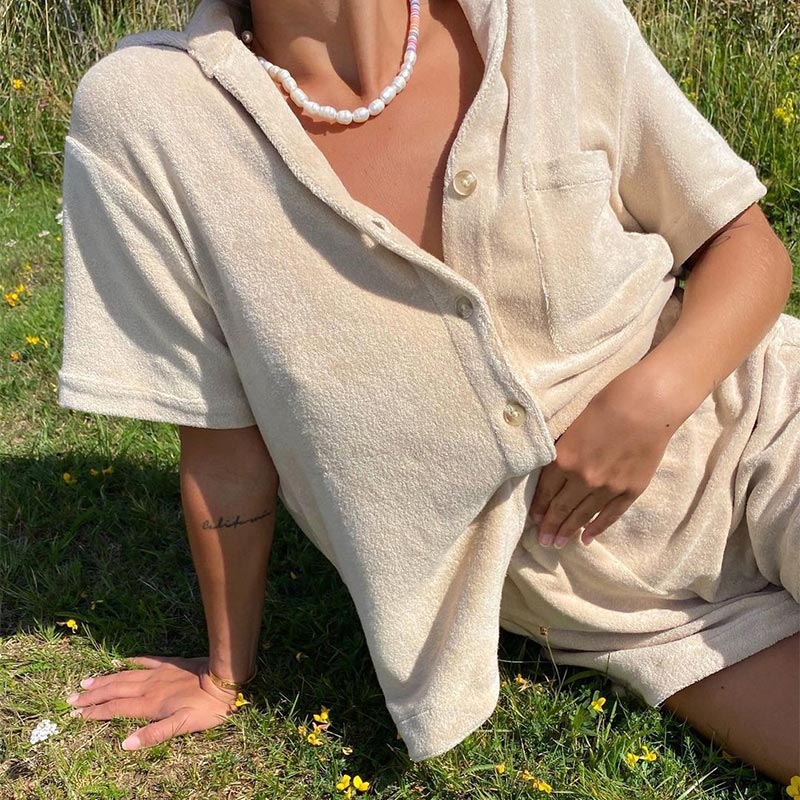 Christmas Gift Deanwangkt Summer Casual Women Set Short Sleeve Top Shirt Khaki Loose And Mini Shorts Two Piece Set Sexy Y2K Tracksuit Fashion - Deanwangkt