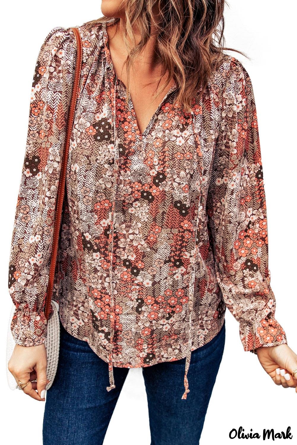Deanwangkt - Multicolor Floral Print Drawstring Long Sleeve Blouse - Deanwangkt