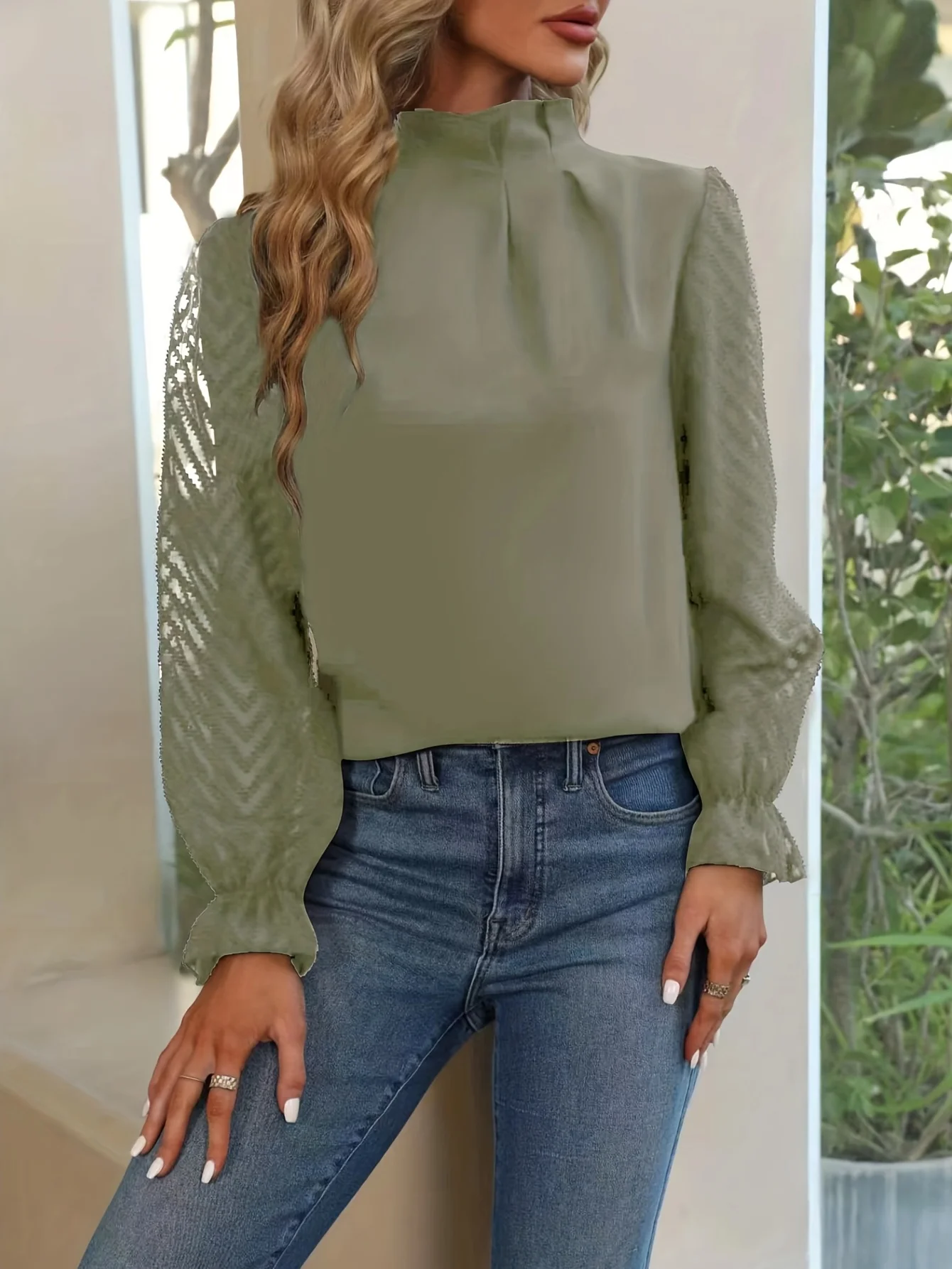 Ruched Keyhole Blouse, Elegant Solid Long Sleeve Versatile Blouse, Women's Clothing - Deanwangkt