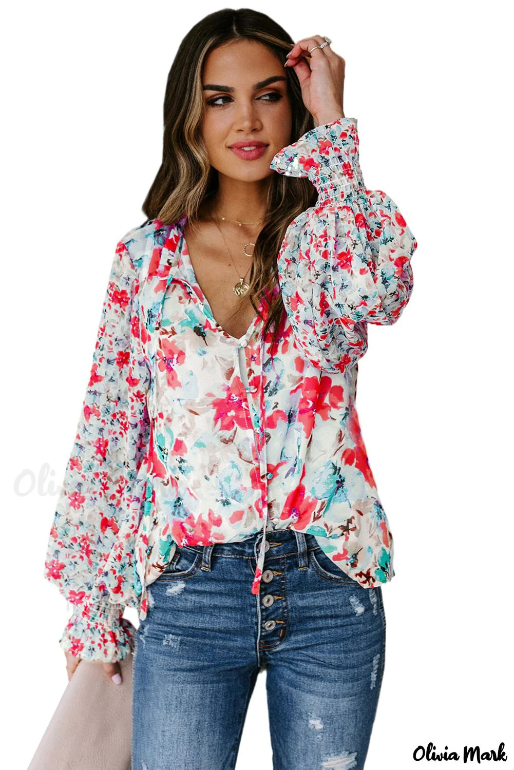 Deanwangkt - Cakewalk Red Floral Smocked Blouse - Deanwangkt
