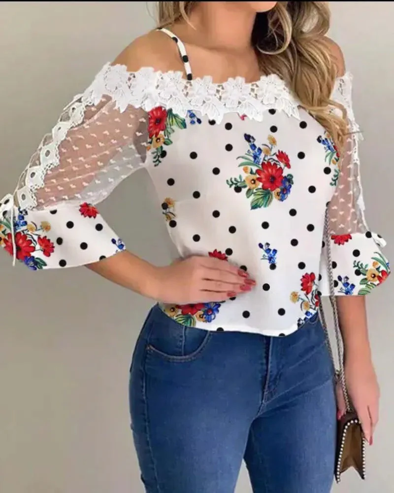 Deanwangkt - Polka Dot Lace Floral Off-the-Shoulder Top - Deanwangkt