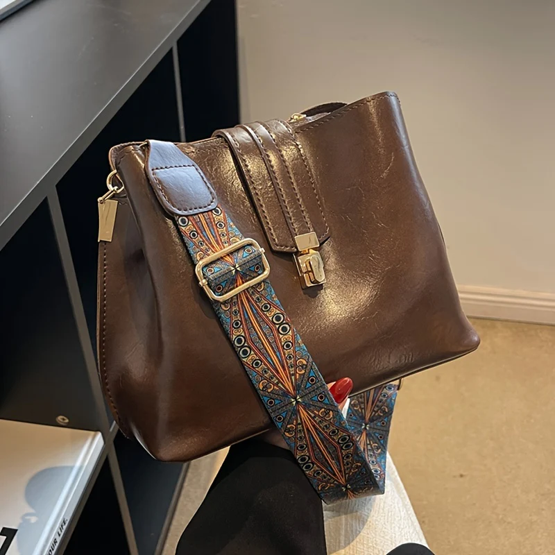 Buckle Decor Bucket Bag, Trendy Wide Strap Crossbody Bag, Women's Faux Leather Purse - Deanwangkt