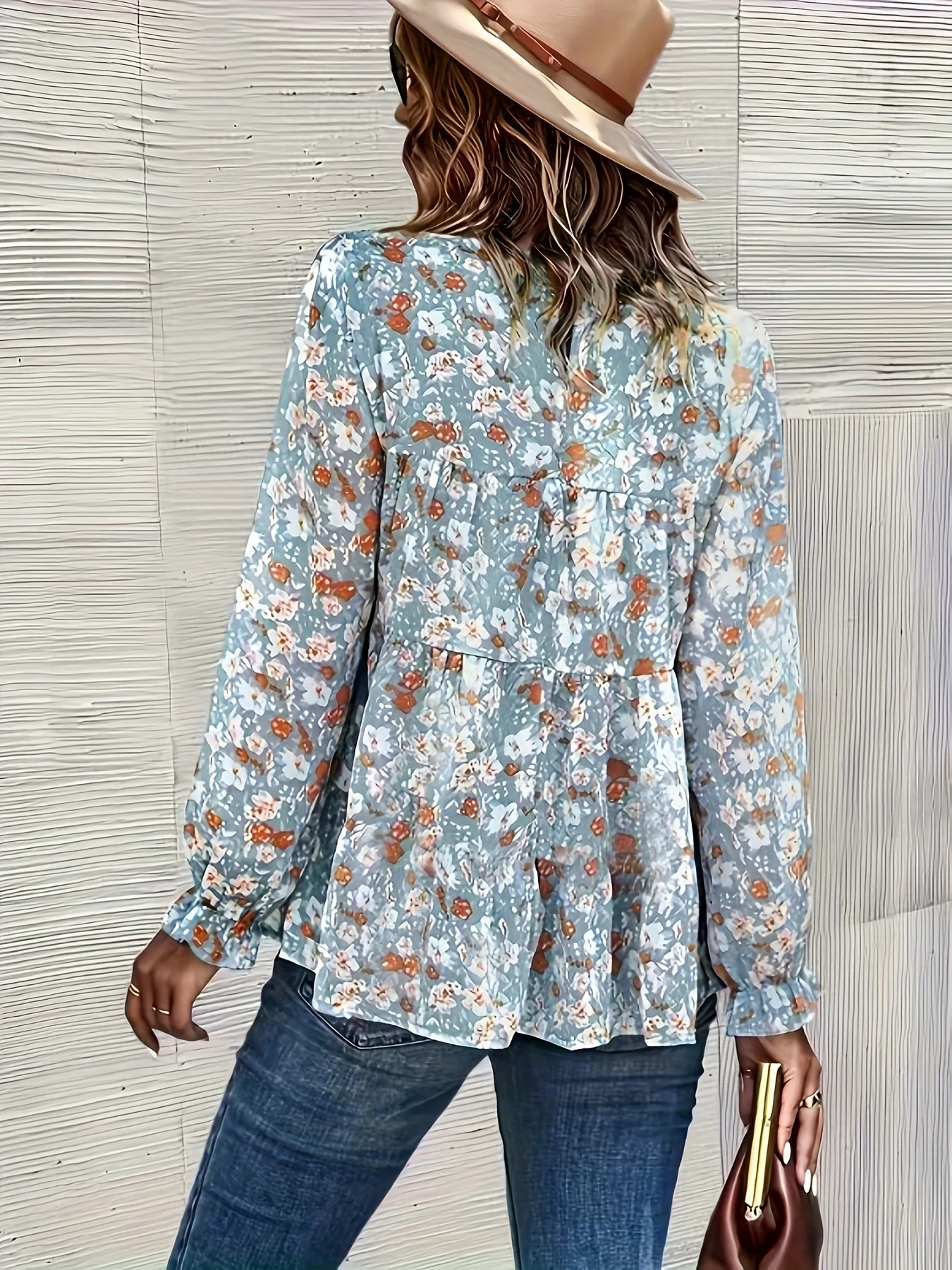 Floral Print Crew Neck Tiered Blouse, Casual Long Sleeve Blouse For Spring & Fall, Women's Clothing - Deanwangkt