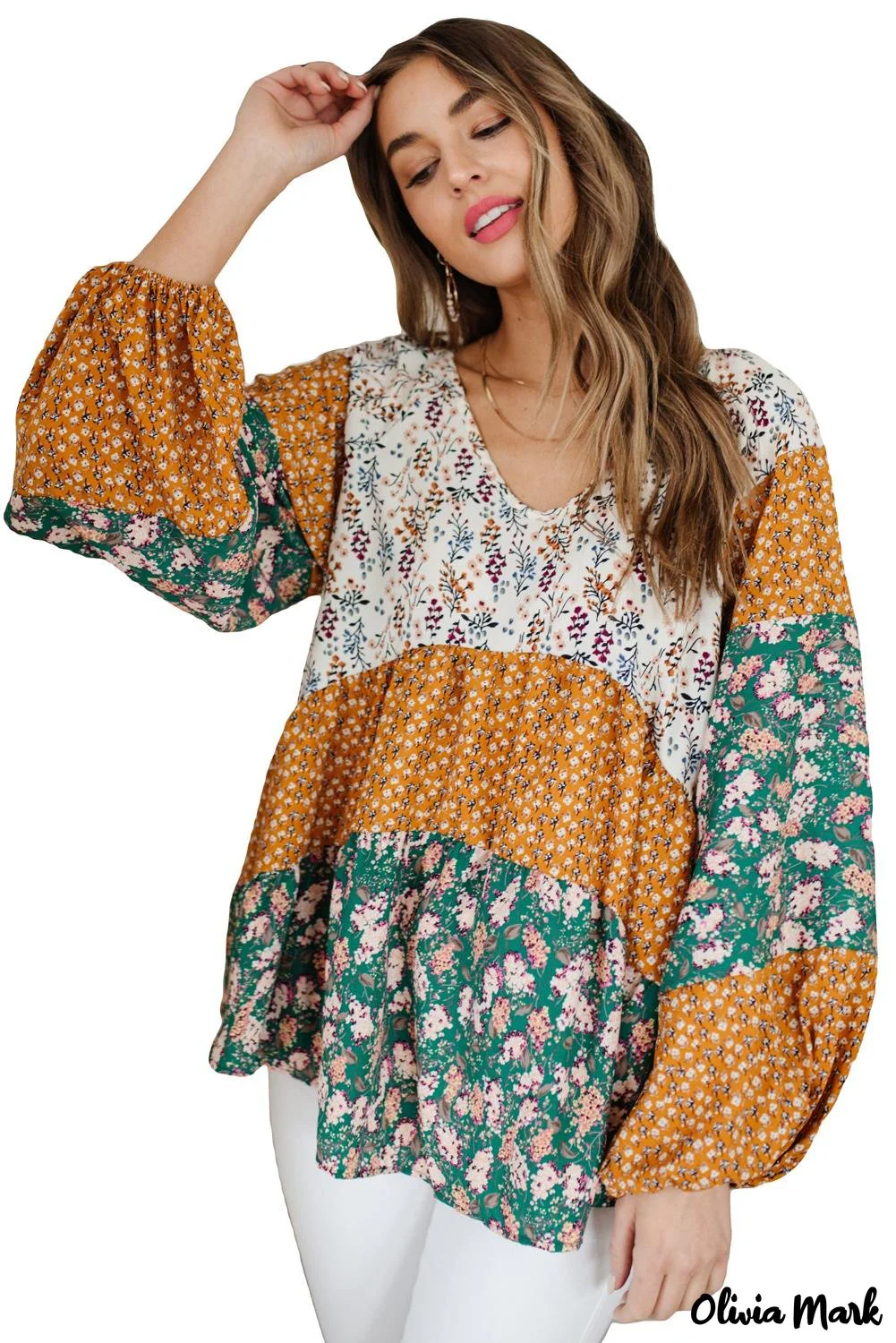 Deanwangkt - Green Color Block Floral Print Loose Blouse - Deanwangkt