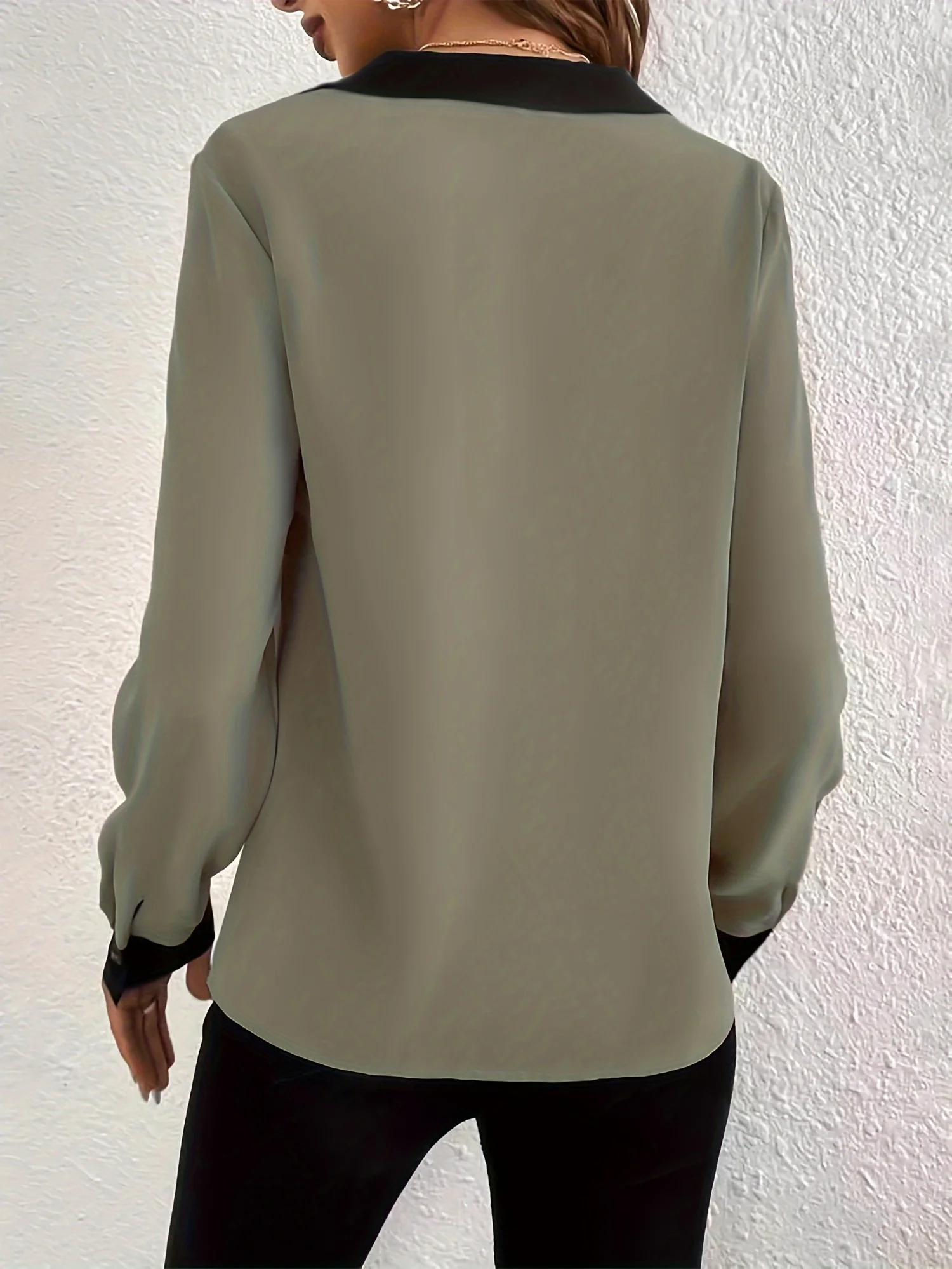 Contrast Trim Simple Blouse, Elegant V Neck Long Sleeve Blouse, Women's Clothing - Deanwangkt
