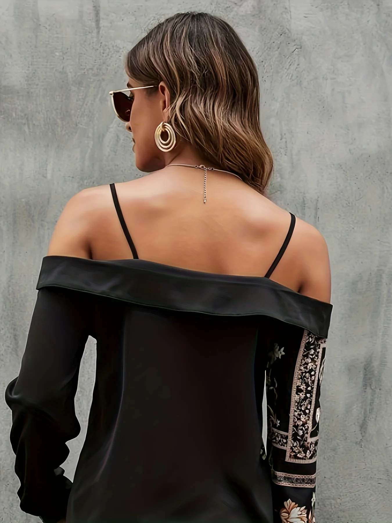 Chain Print Cold Shoulder Button Blouse, Casual Long Sleeve Blouse For Spring & Fall, Women's Clothing - Deanwangkt