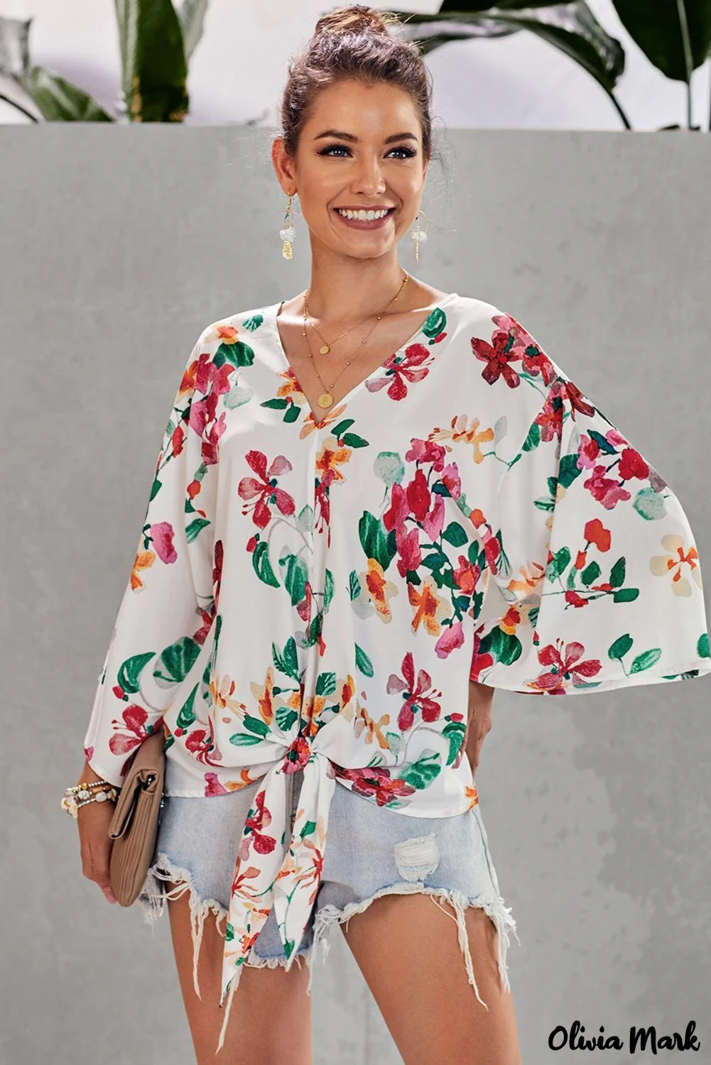 Deanwangkt - Multicolor Floral Print Deep V-Neck Tie Front Blouse - Deanwangkt