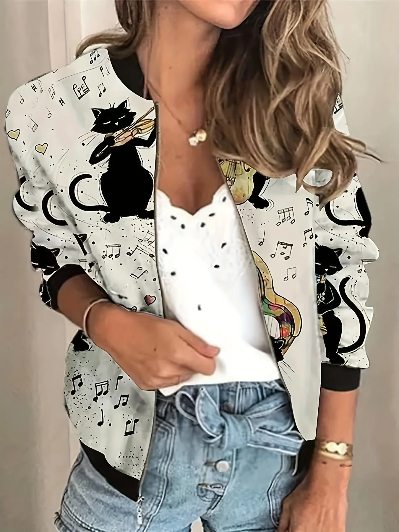 deanwangkt-1  Floral Print Zip Up Jacket, Casual Long Sleeve Jacket For Spring & Fall, Women's Clothing - Deanwangkt