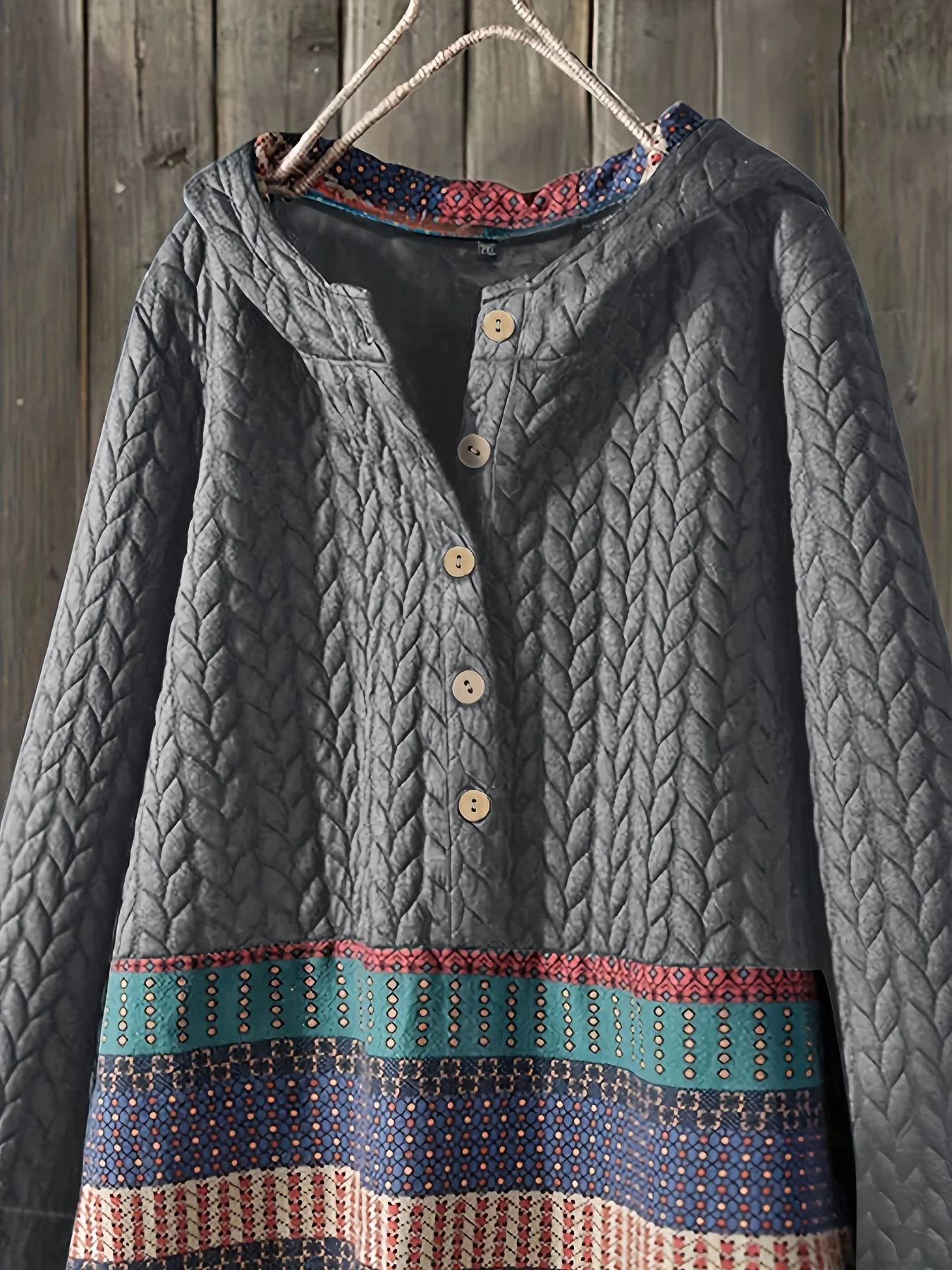 Tribal Print Long Sleeve Hooded Padded Jacket, Casual Button Front Loose Hem Outerwear, Women's Clothing - Deanwangkt