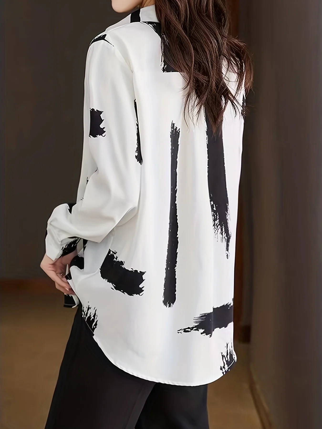 Brush Print Button Front Shirt, Casual Turn Down Collar Long Sleeve Shirt, Women's Clothing - Deanwangkt