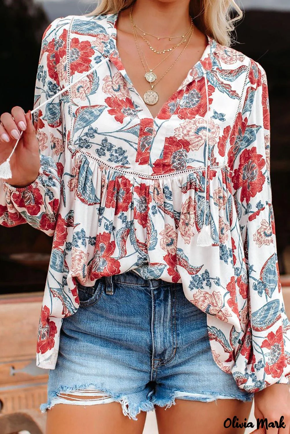 Deanwangkt - Red Floral Patchwork Split Neck Bubble Sleeve Blouse - Deanwangkt