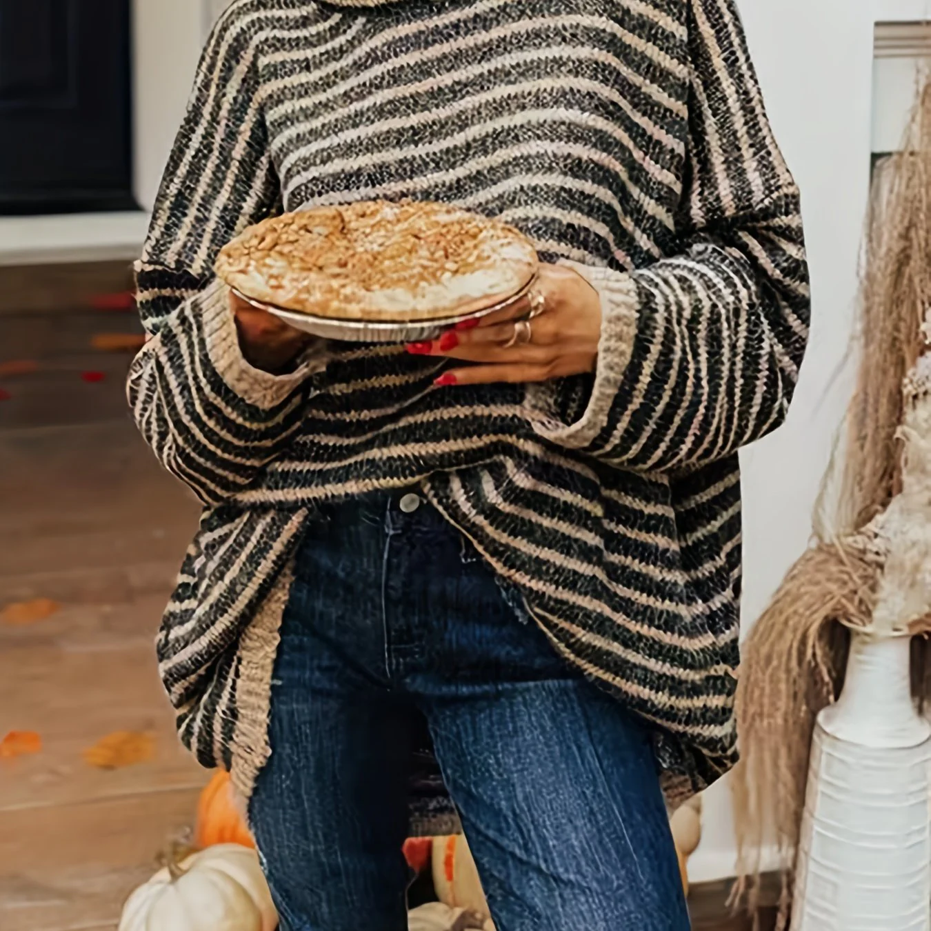 Striped Turtle Neck Pullover Sweater, Casual Long Sleeve Dipped Hem Oversized Sweater, Women's Clothing - Deanwangkt