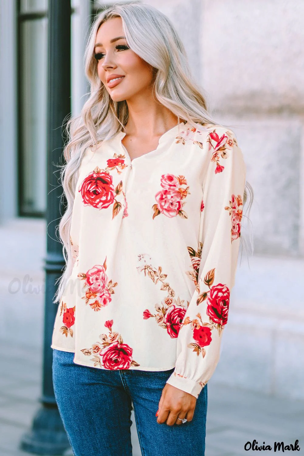 Deanwangkt - Beige Floral Print V-Neck Button Down Blouse - Deanwangkt
