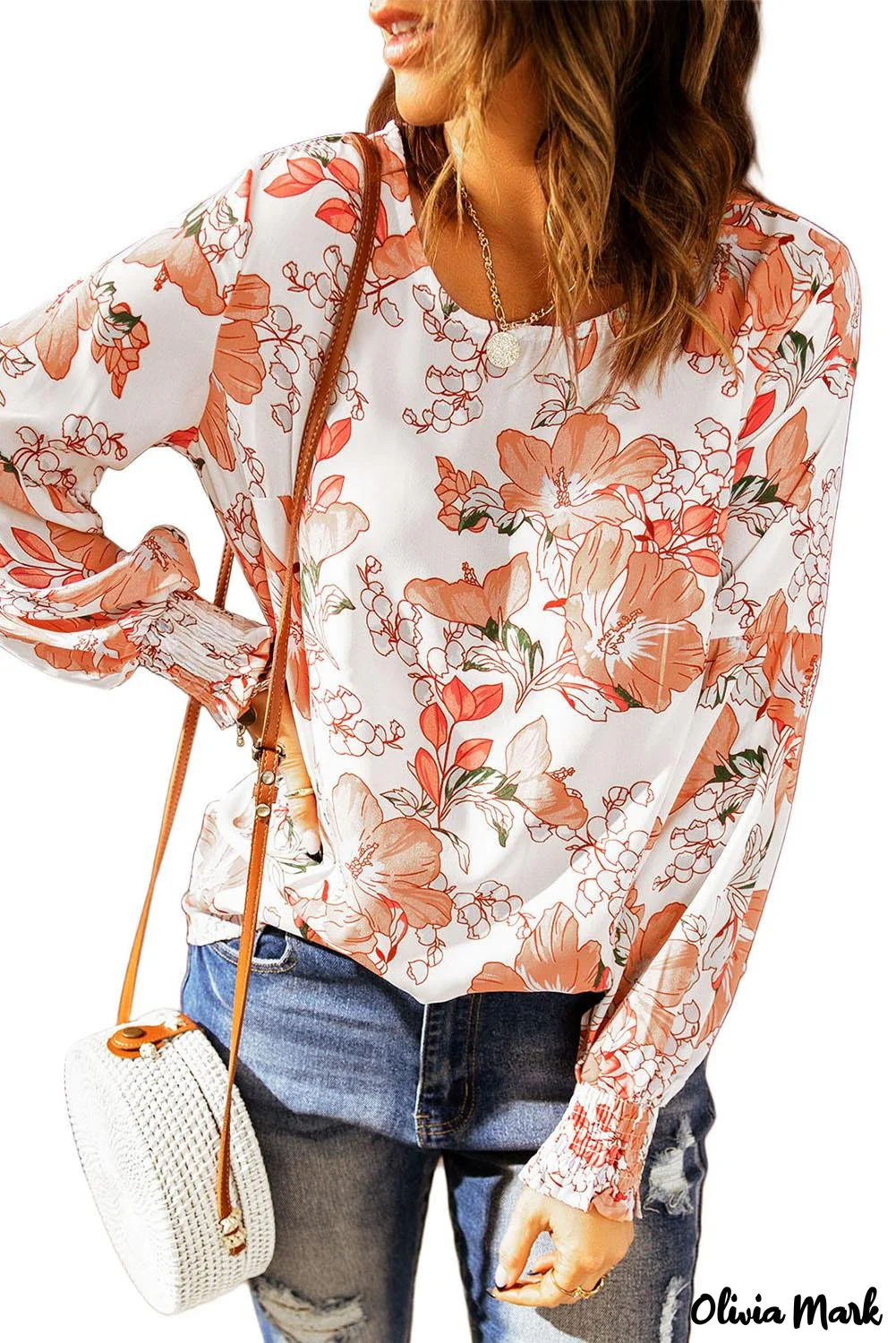 Deanwangkt - Orange floral print puff sleeve shirt with smocked cuffs - Deanwangkt