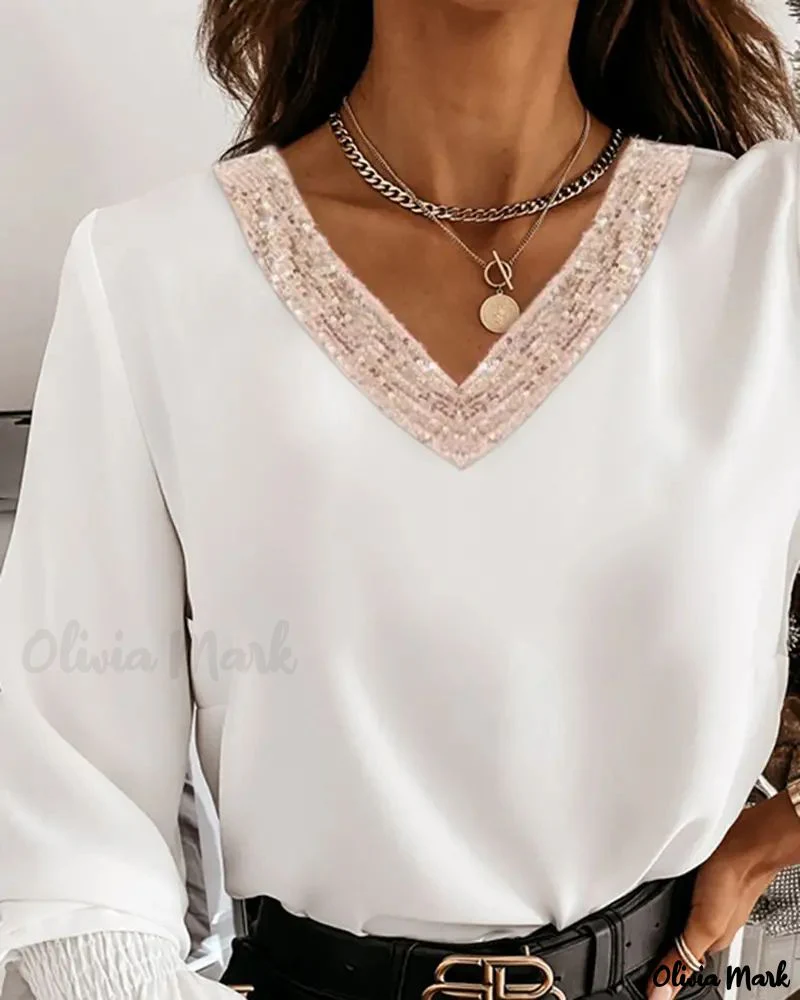 Deanwangkt - Long sleeve V-back top with bow tie and contrasting sequins - Deanwangkt