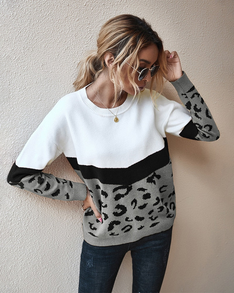 Christmas Gift Deanwangkt Fashion Leopard Patchwork Autumn Winter Ladies Knitted Sweater Women O-neck Full Sleeve Jumper Pullovers Top - Deanwangkt