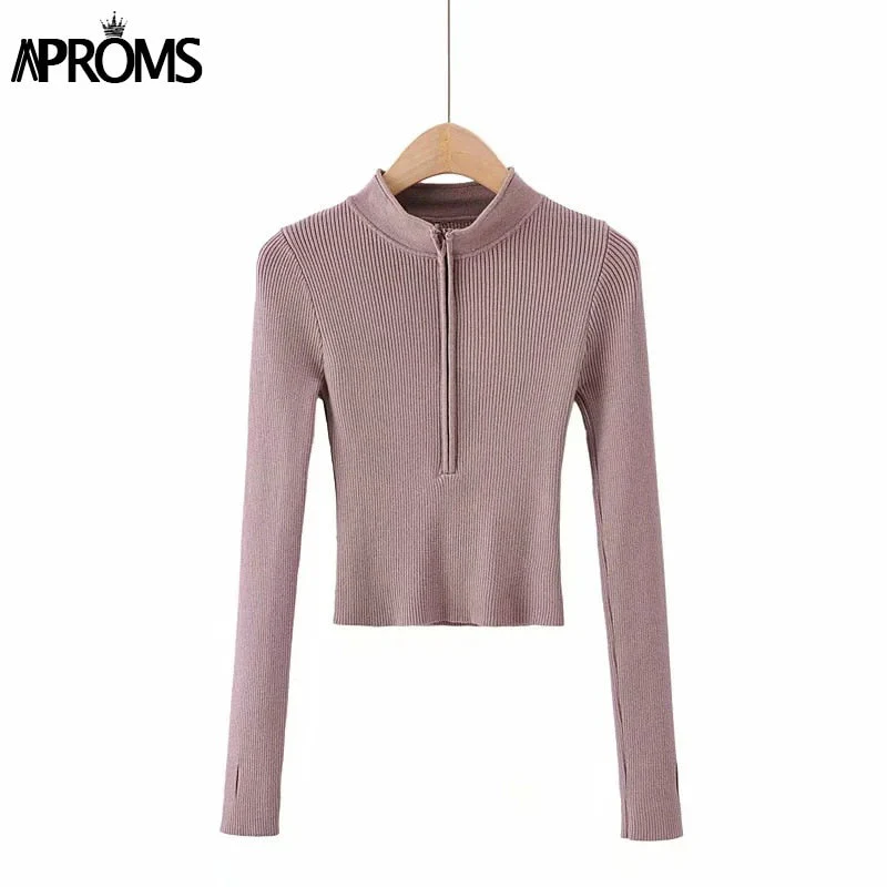 Christmas Gift Aproms Elegant High Neck Zipper Front Knitted Sweater Women Solid Basic Cropped Pullover Winter Spring Fashion Clothing Top Deanwangkt - Deanwangkt