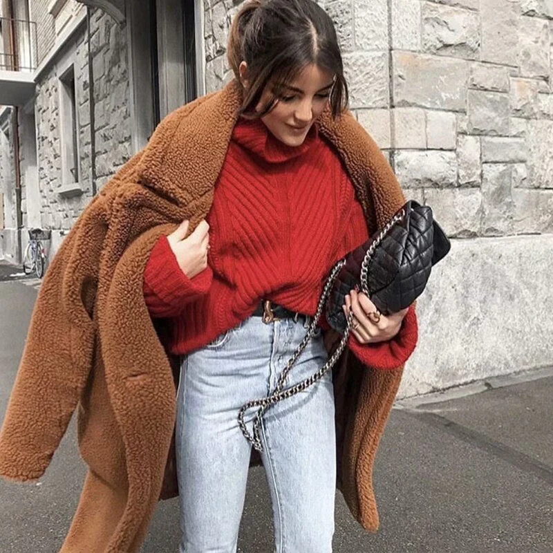 Christmas Gift Deanwangkt Winter Thicken Warm Faux Fur Teddy Coat Women Fashion Basic Lambswool Oversized Jacket Coats Street Fluffy Long Overcoat - Deanwangkt