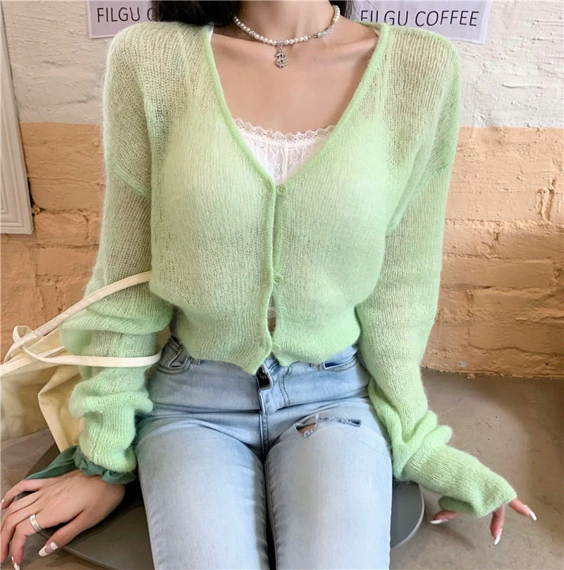 Back To School outfits Y2KV-Neck Soft Sweater Cardigan Jacket Thin Female Deanwangkt New Spring And Autumn Cashmere Mohair Short Slim Long Sleeve Jacket - Deanwangkt