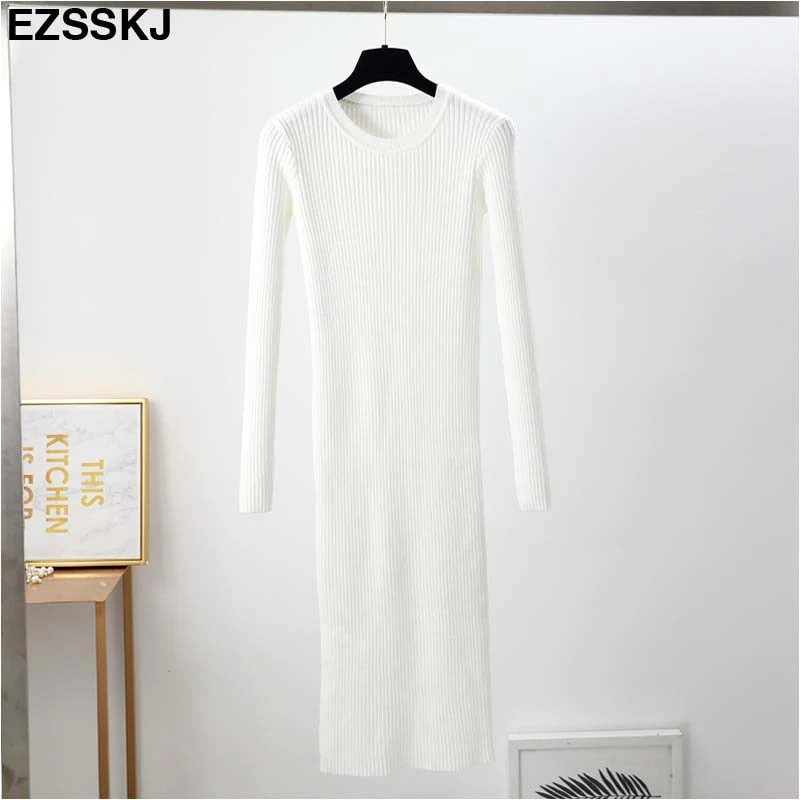 Christmas Gift Autumn Winter long Sweater dress women solid bodycon Thick dress Female Jumper O-neck slim basic knit dress Long sleeve - Deanwangkt