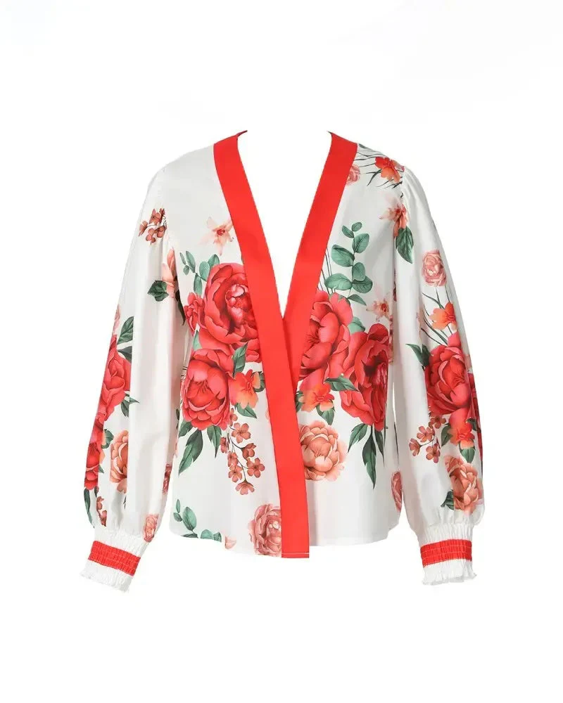 Deanwangkt - Floral Print Ruched Lantern Sleeve Top - Deanwangkt