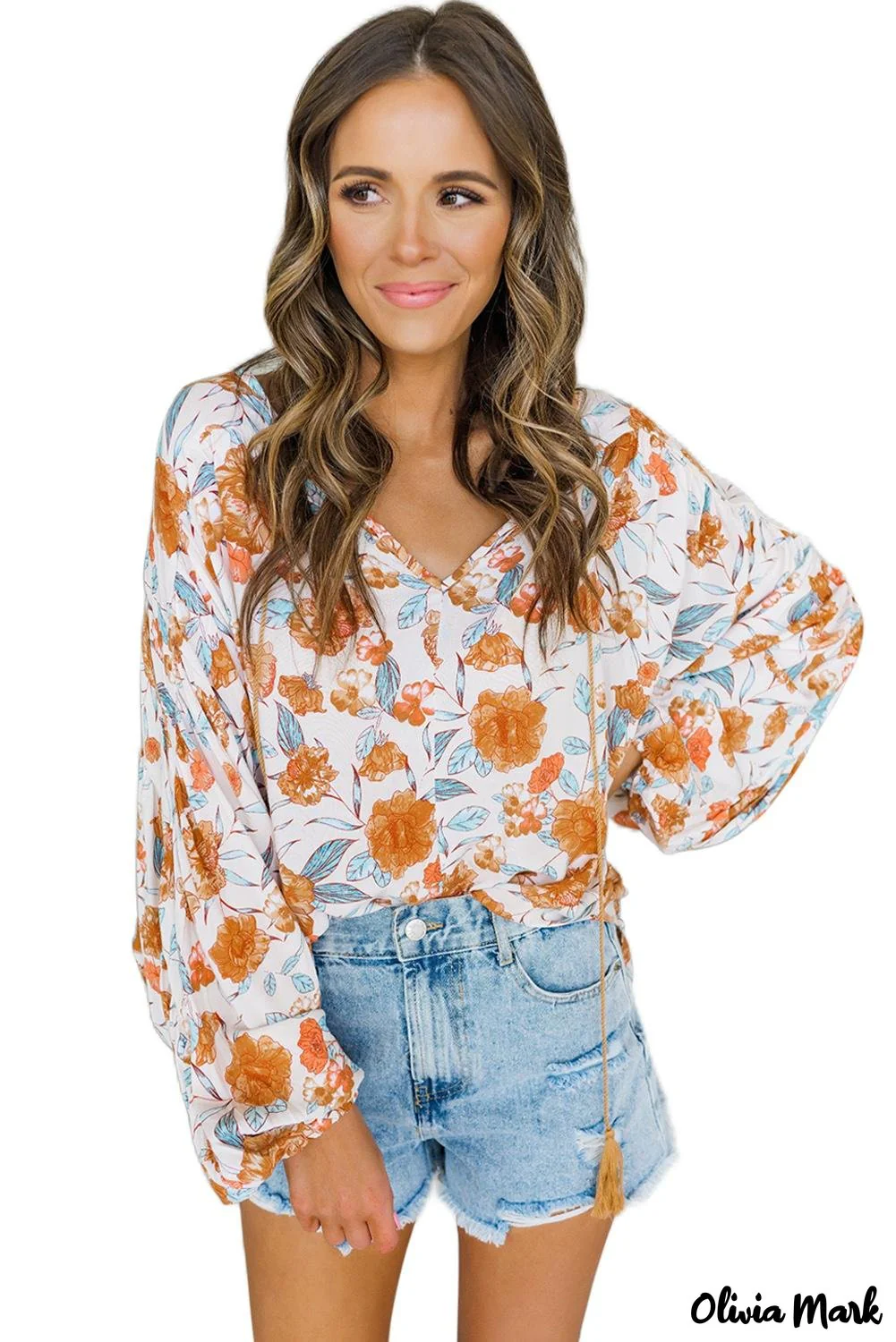 Deanwangkt - Orange Floral Print V-Neck Slit Dolman Blouse - Deanwangkt