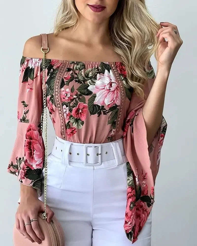 Deanwangkt - Off-the-Shoulder Floral Print Bell-Sleeve Top - Deanwangkt