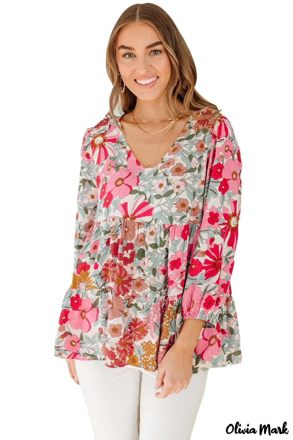 Deanwangkt - Floral Print Ruched Babydoll V-Neck Blouse - Deanwangkt