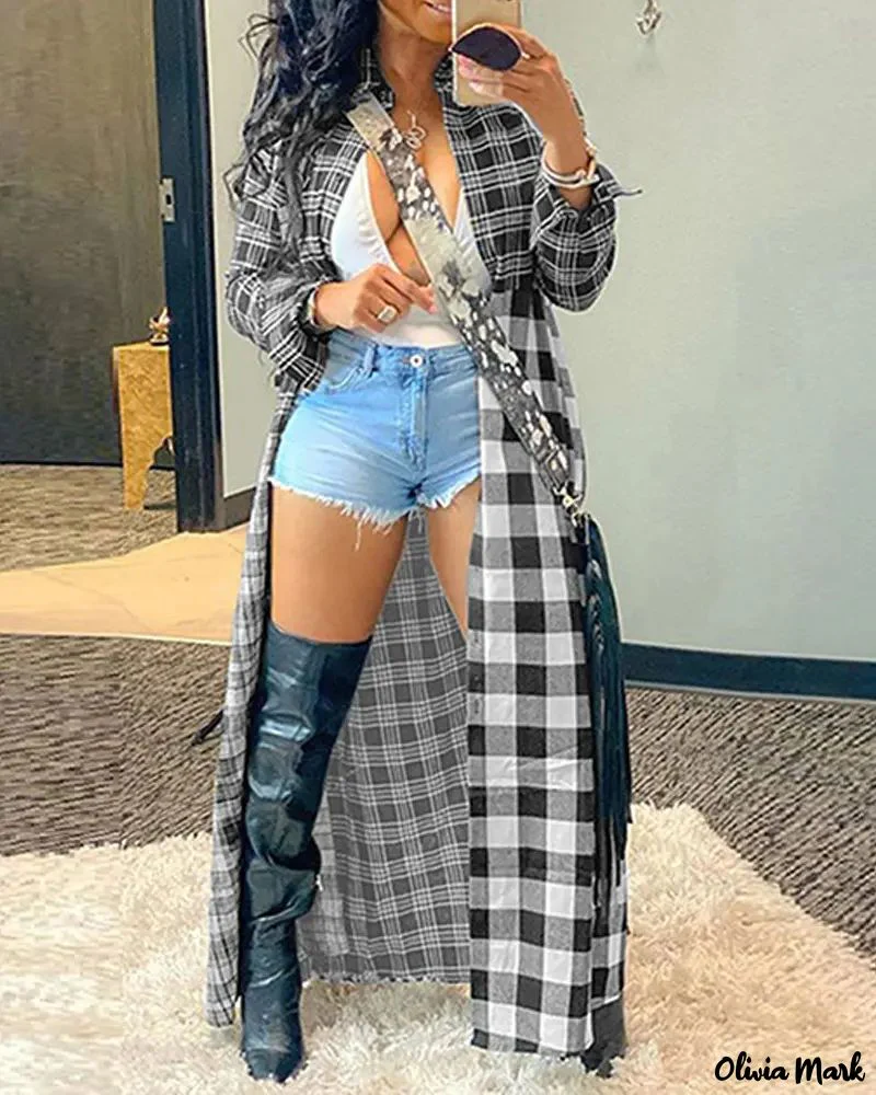 Deanwangkt - Long jacket in color block check print - Deanwangkt