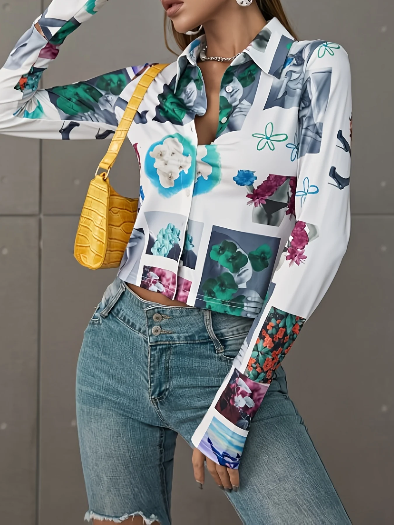 Flower Graphic Print Elegant Polo Blouse, Casual Every Day Top For Fall & Spring, Women's Clothing - Deanwangkt