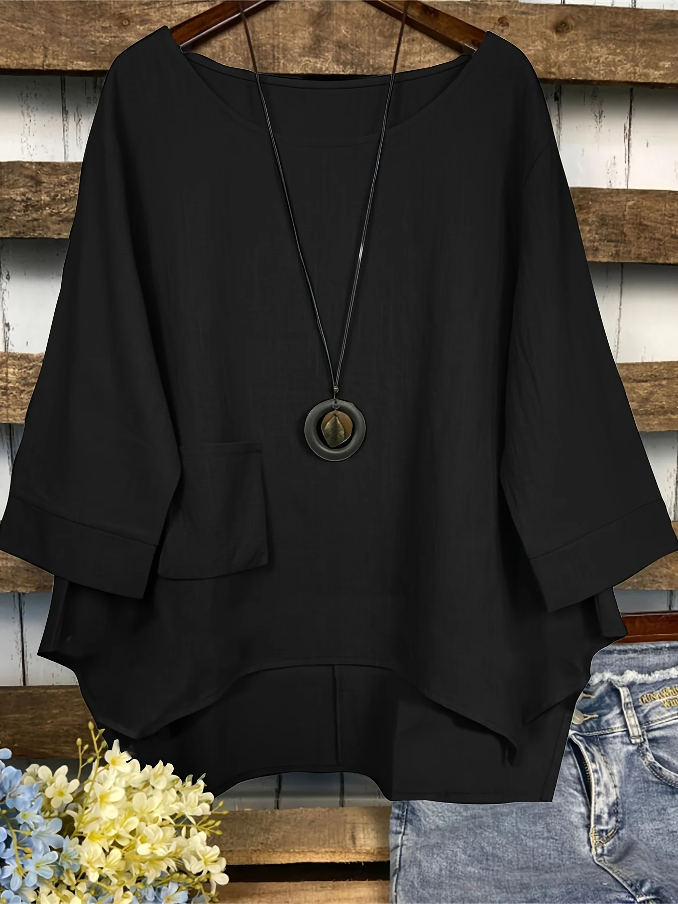 Dipped Hem Solid Blouse, Asymmetrical Crew Neck Loose Casual Blouse, Women's Clothing - Deanwangkt