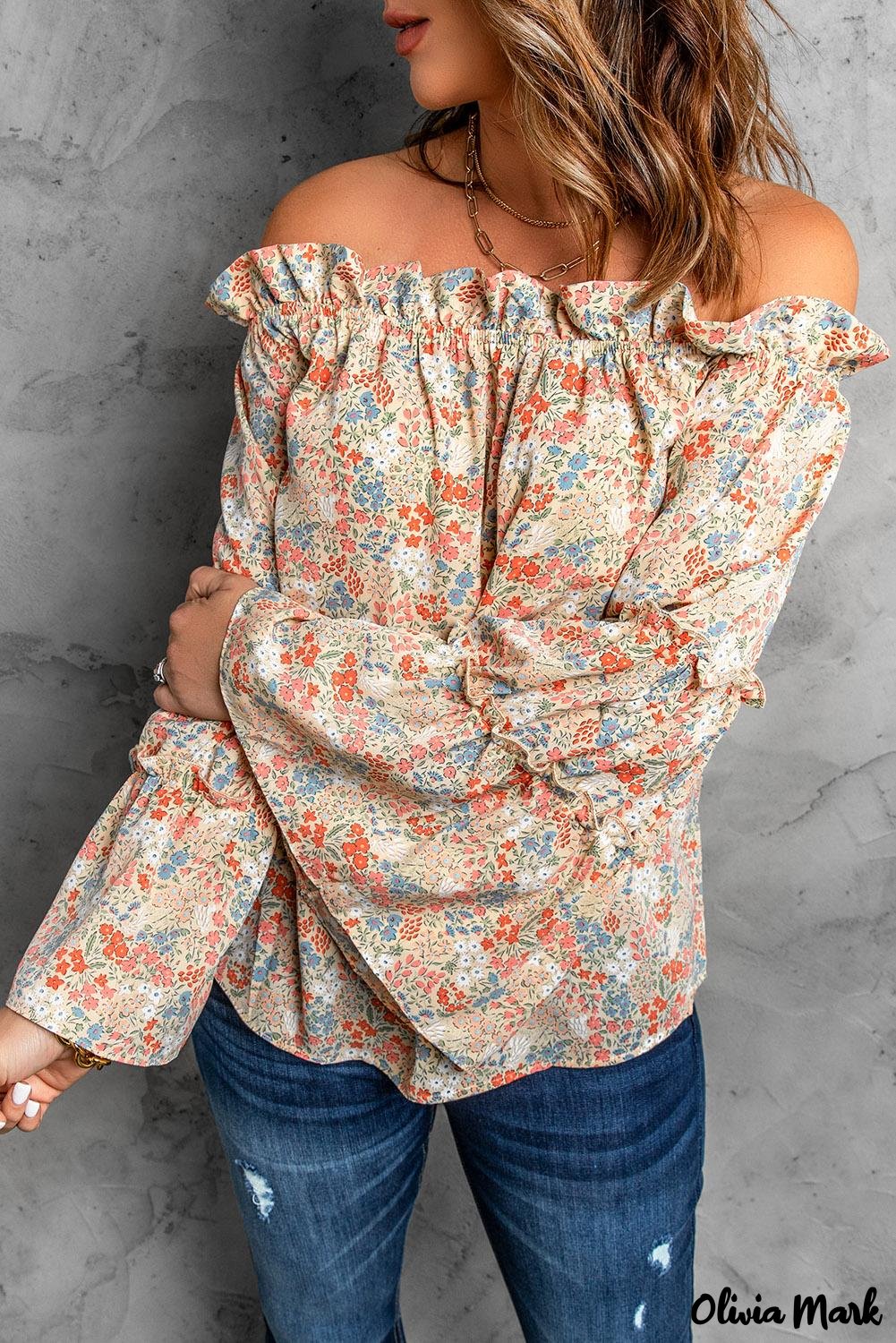 Deanwangkt - Off The Shoulder Floral Print Ruffled Bell Sleeve Blouse - Deanwangkt