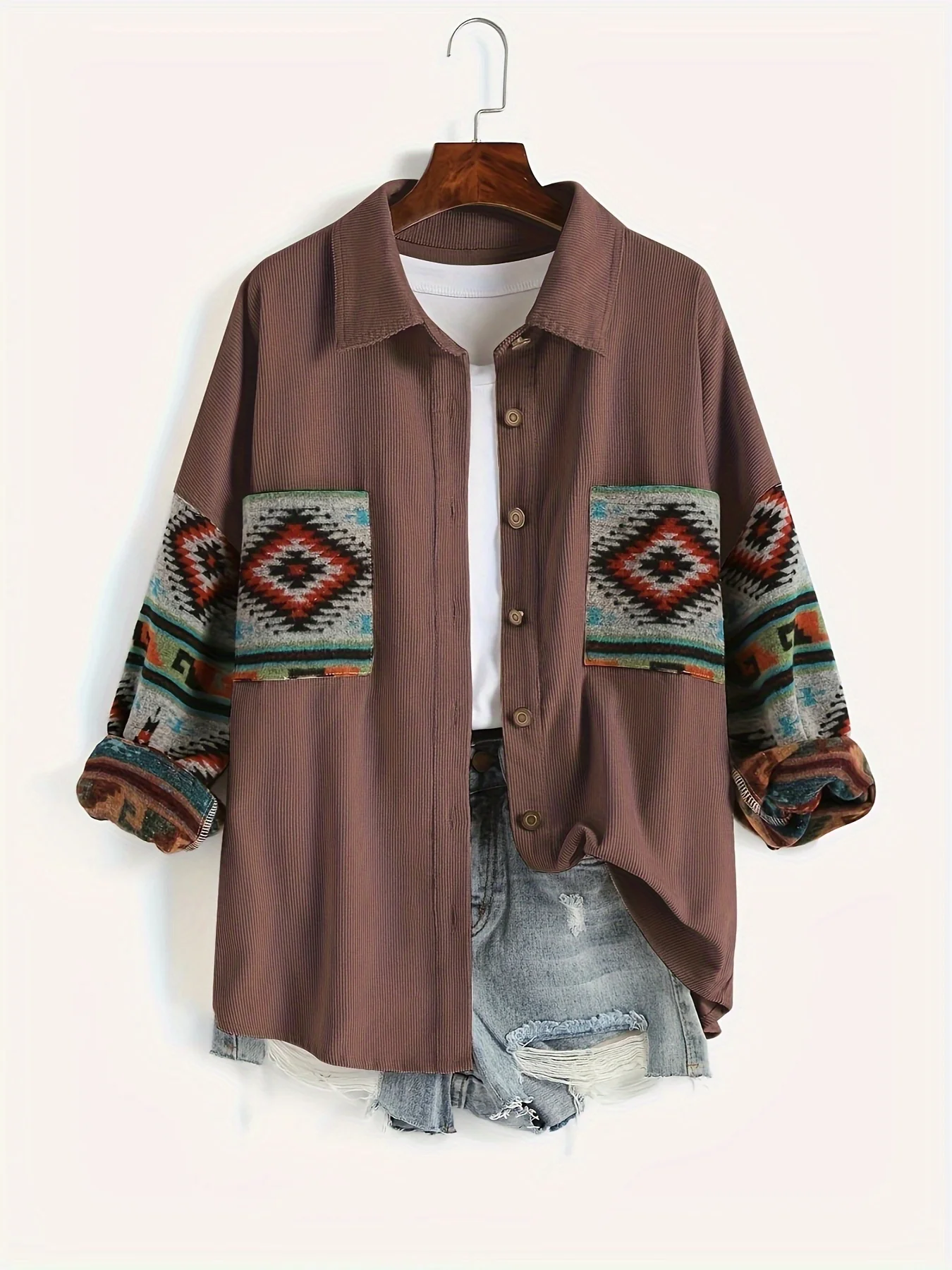 deanwangkt-1 Retro Long Sleeve Lapel Jacket With Pockets, Button Up Casual Outerwear For Fall & Spring, Women's Clothing - Deanwangkt