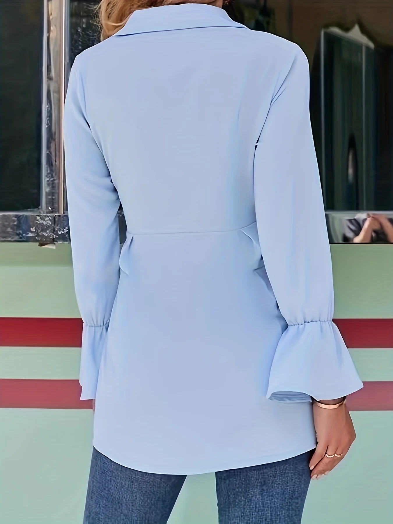 Knot Front Polo Collar Blouse, Casual Ruffle Cuff Long Sleeve Blouse For Spring & Fall, Women's Clothing - Deanwangkt