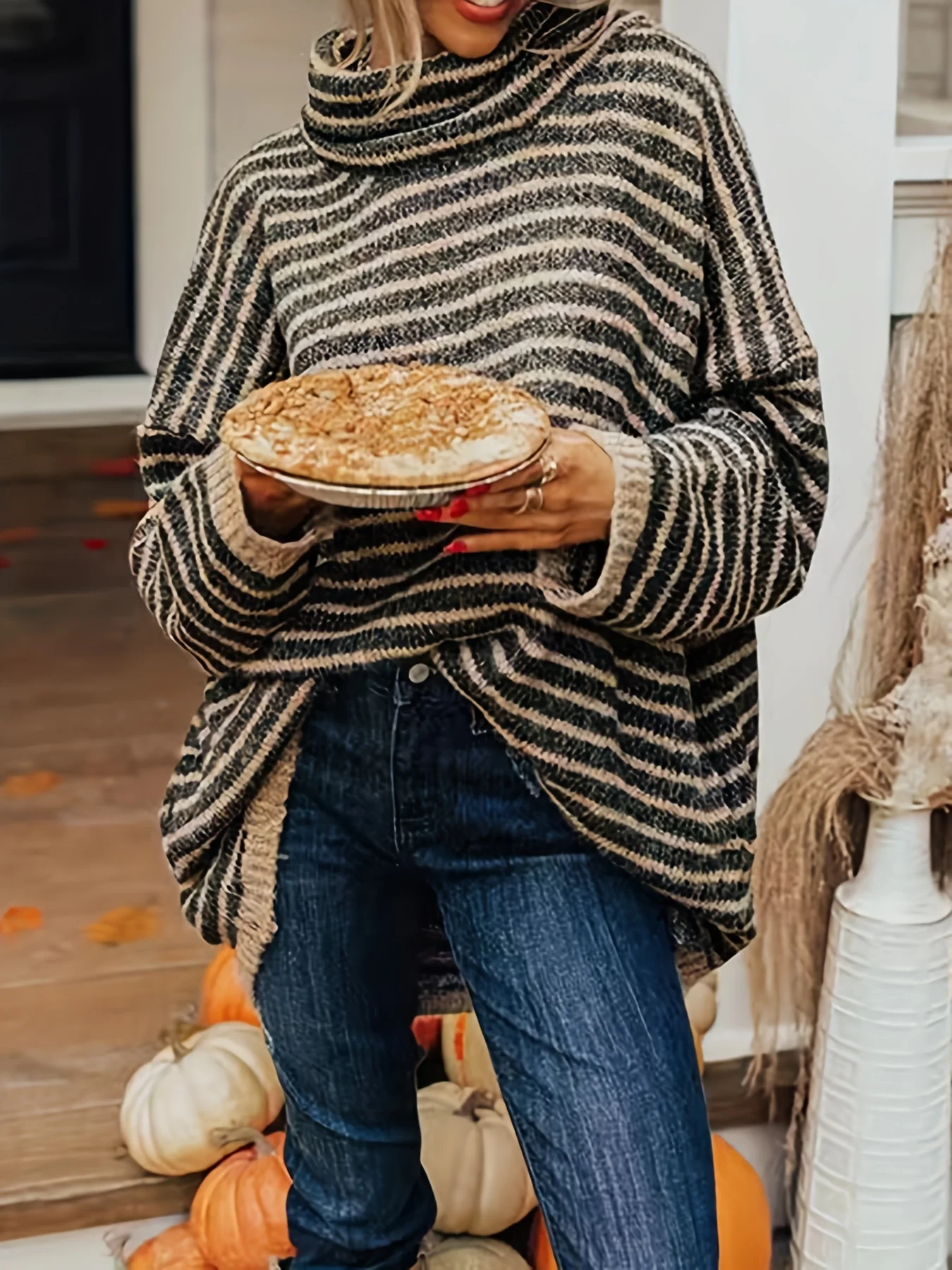 Striped Turtle Neck Pullover Sweater, Casual Long Sleeve Dipped Hem Oversized Sweater, Women's Clothing - Deanwangkt