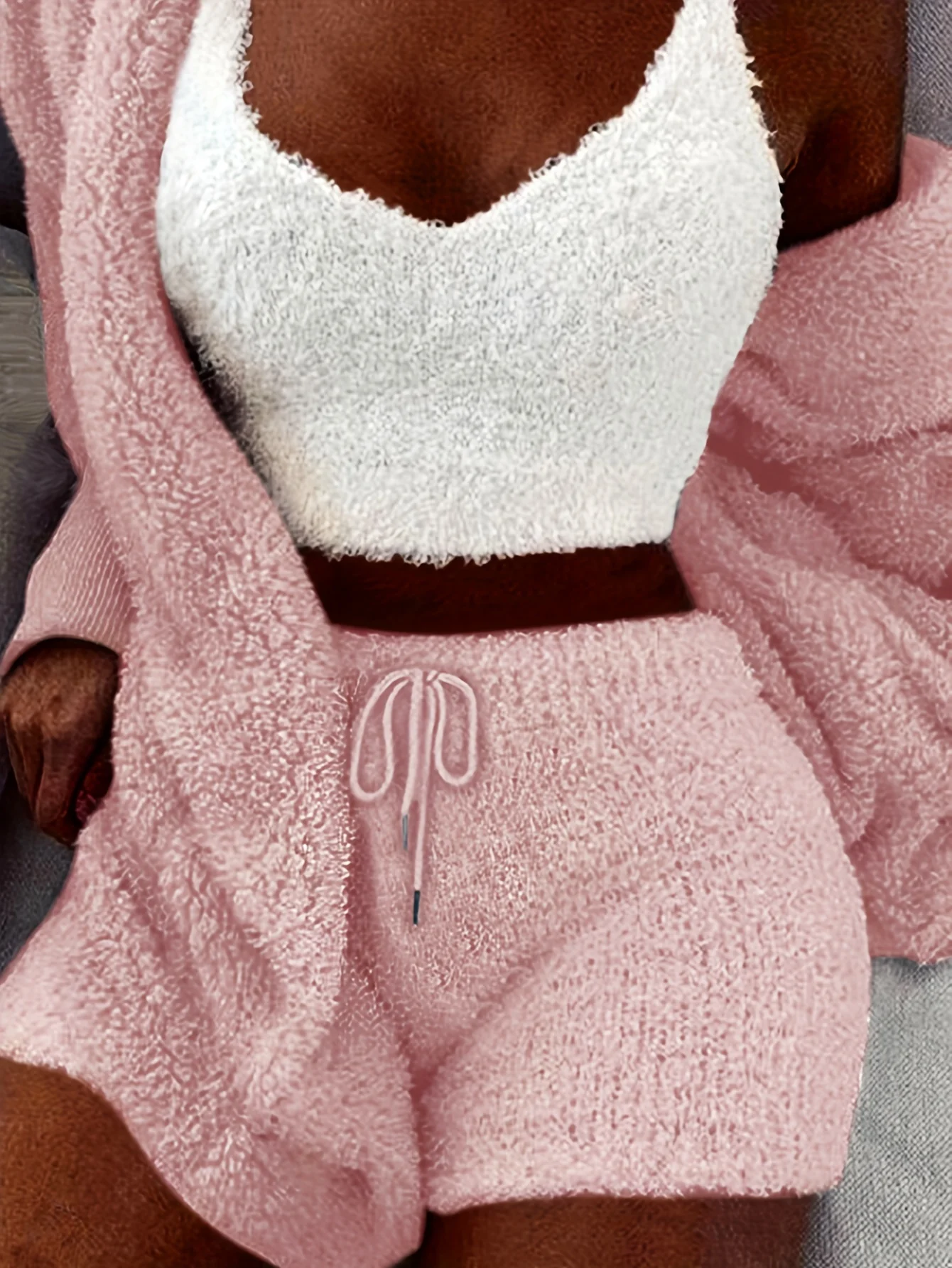 deanwangkt-1  Warm Fuzzy Pajama Set, Long Sleeve Hooded Robe & Tank Top & Drawstring Shorts, Women's Sleepwear & Loungewear - Deanwangkt